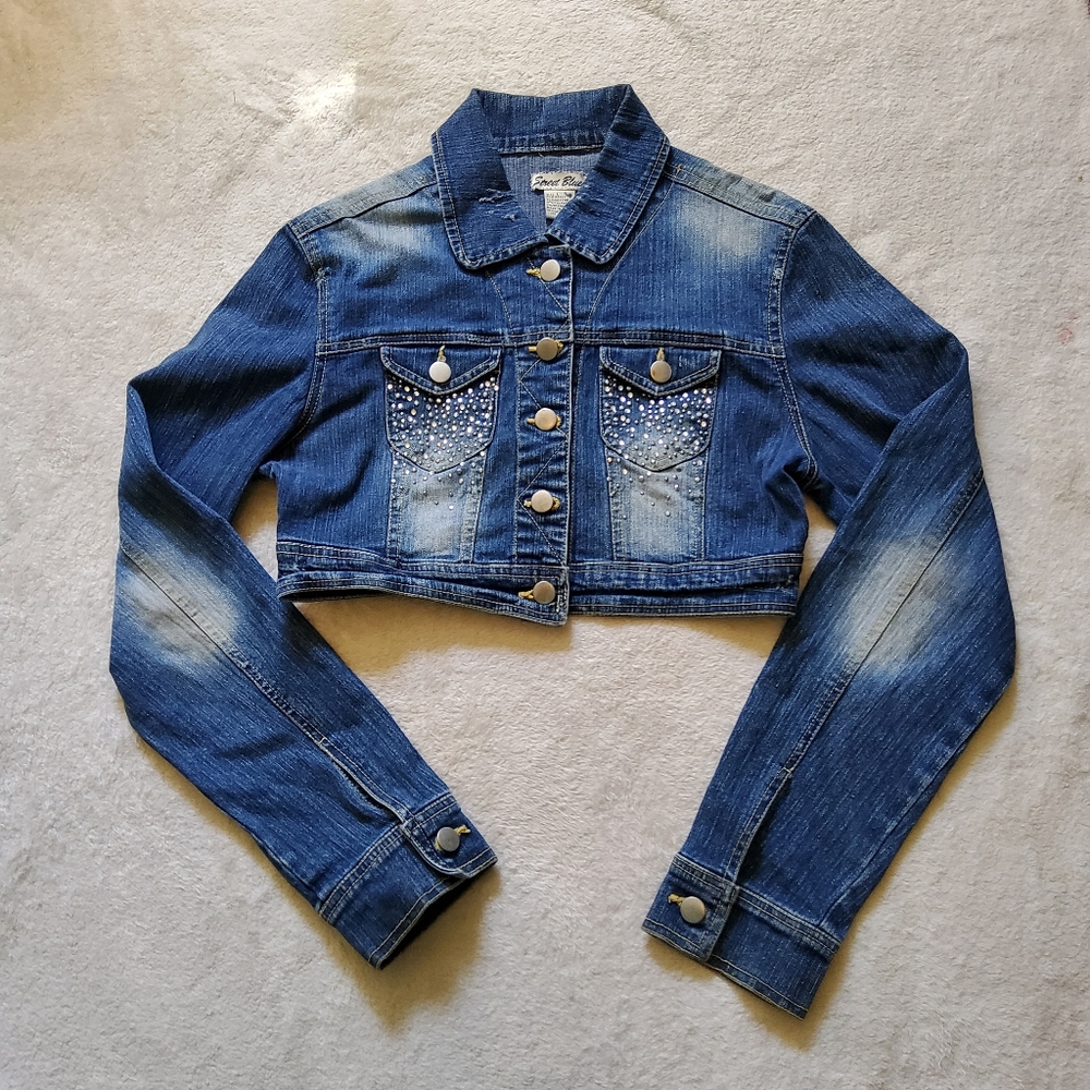 Vintage Street Blues Cropped Top Jean Jacket Women's Large Bejeweled Distressed